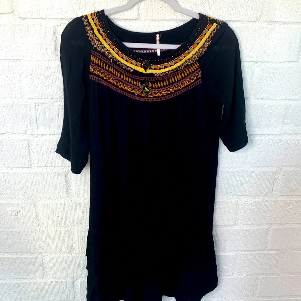 Free People Embroidered Beaded Black Tiered Ruffle Mini Dress sz XS